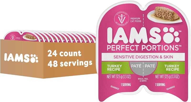 Ração úmida para gatos adultos IAMS Perfect Portions Sensitive Skin, patê de peru, 24 unidades