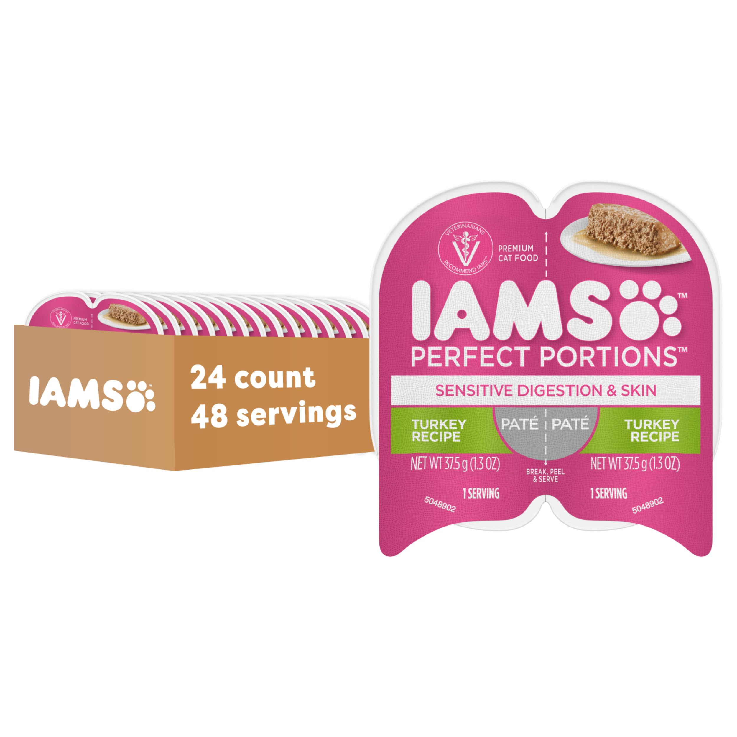 IAMS Perfect Portions Sensitive Digestion & Skin Adult Wet Cat Food Pate, Turkey Recipe, 2.6 oz. Easy Peel Twin-Pack Trays (24 Count, 48 Servings)