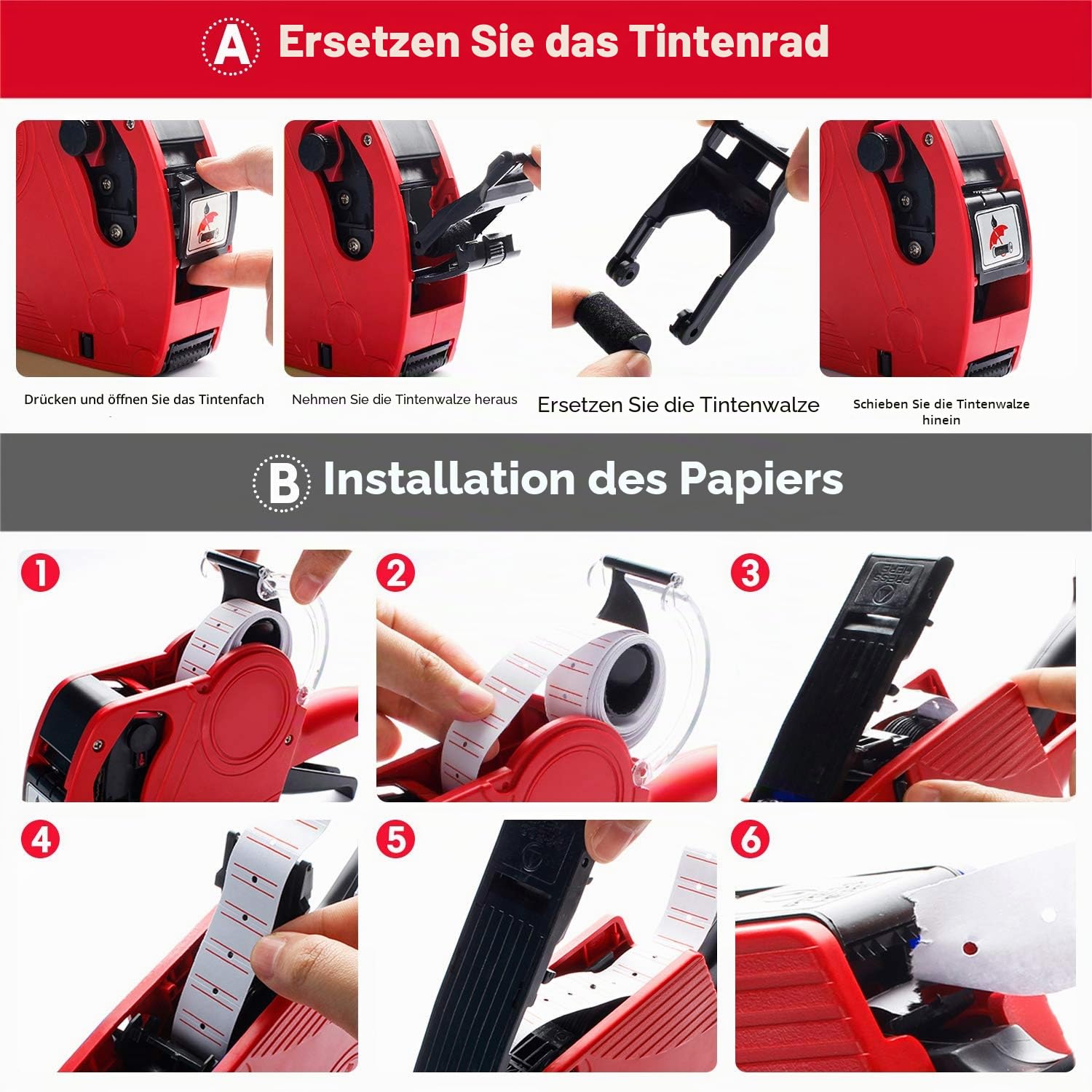 KPX MX5500 Preisauszeichnungspistole mit 5150 weißen Etikettenpistolen-Aufklebern und 3 extra Tintenrollern, Rot, 8 Ziffern, Lebensmittelgeschäft, Lebensmittel