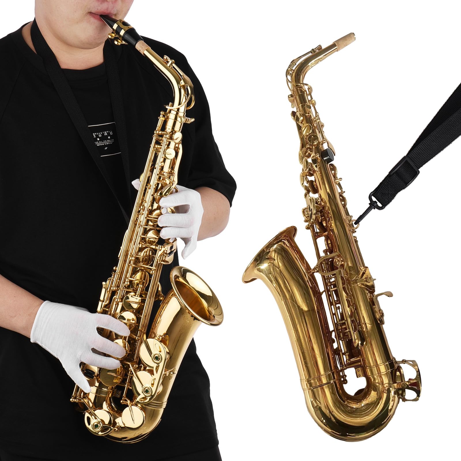 Sassofono Contralto, Mi Bemolle Sassofono Tenore Studente Saxofon Lacca Dorata Sax Contralto per Principianti con Custodia, Spazzola, Panno per la Pulizia, Tracolla per Sassofono