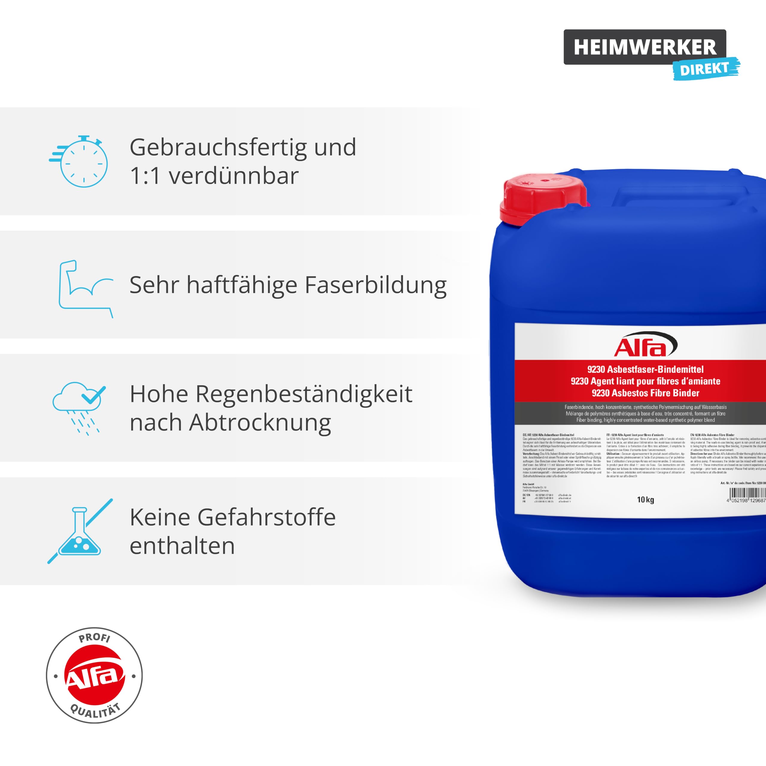 10 kg Alfa Asbestfaser-Bindemittel 1 x 10 kg Kanister Chemikalienbindemittel Faserbindemittel - gebrauchsfertig und 1:1 verdünnbar