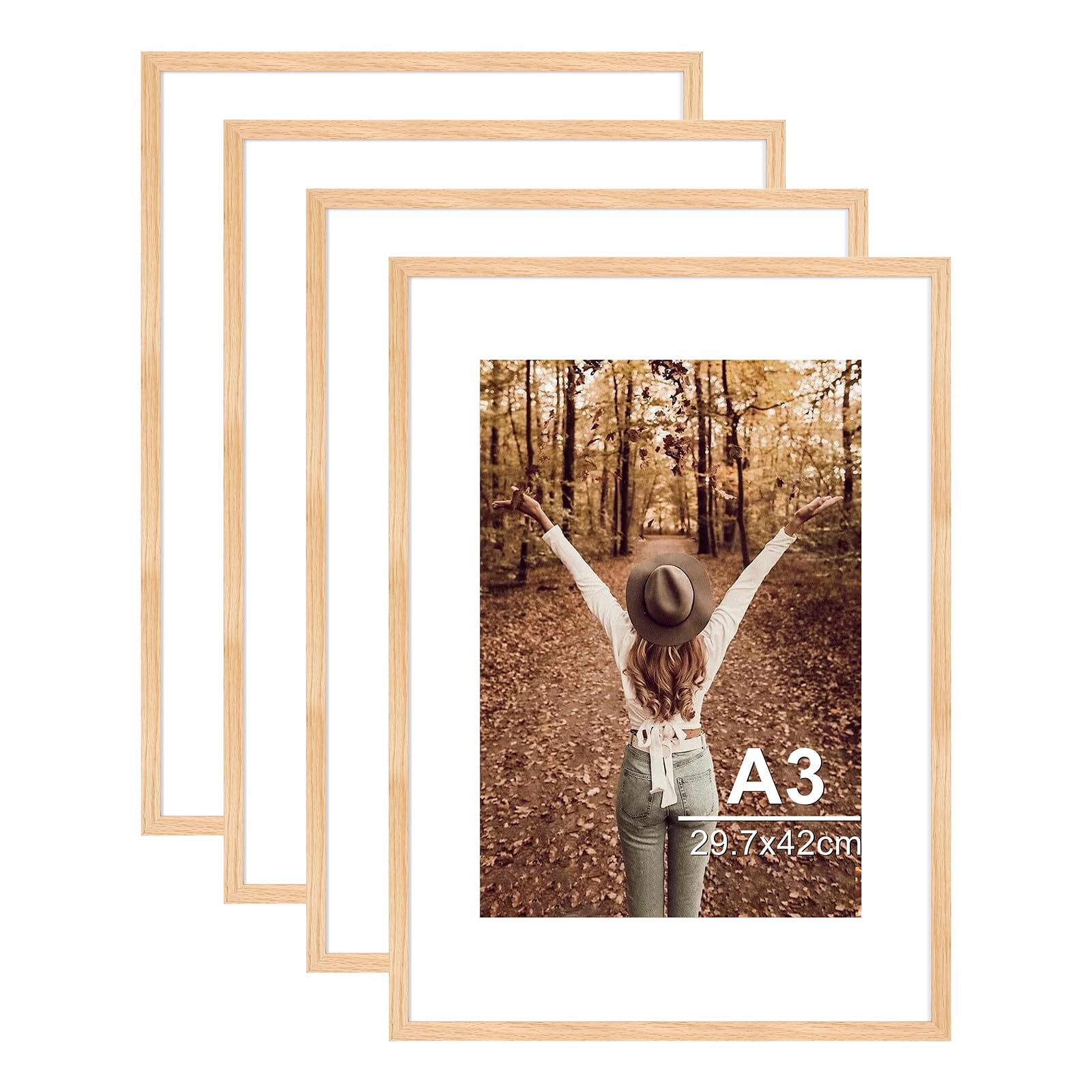 Veelot Marco de fotos A3, juego de 4 marcos de madera (29,7 x 42 cm) de roble macizo Marco de madera A3 Cristal acrílico Calidad duradera para colgar diplomas y condecoraciones