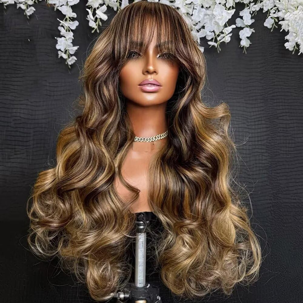 Highlights Honey Blonde with Brown Human Hair Bangs Wig 180 Density #4/27 Color Body Wave 13X4 HD Transparent Invisible Lace Frontal Brazilian Human Hair Wig with Bleacked Knots for Women