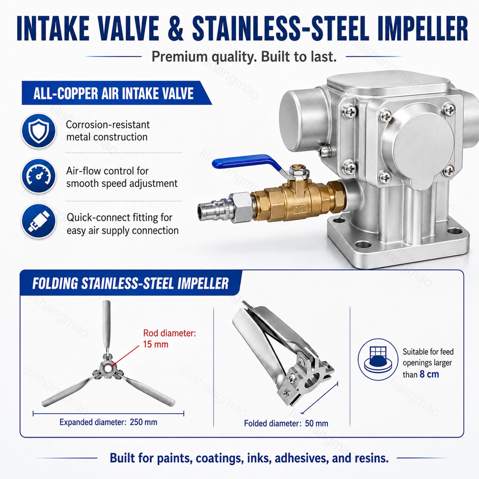 Agitador Neumático,Agitador de Aire con Soporte para Depósito IBC 1000L,Mezclador de Aire con Hélice Plegable y Eje de Acero Inoxidable,para Pinturas,Tintas,Resinas,Adhesivos 3-Cylinder
