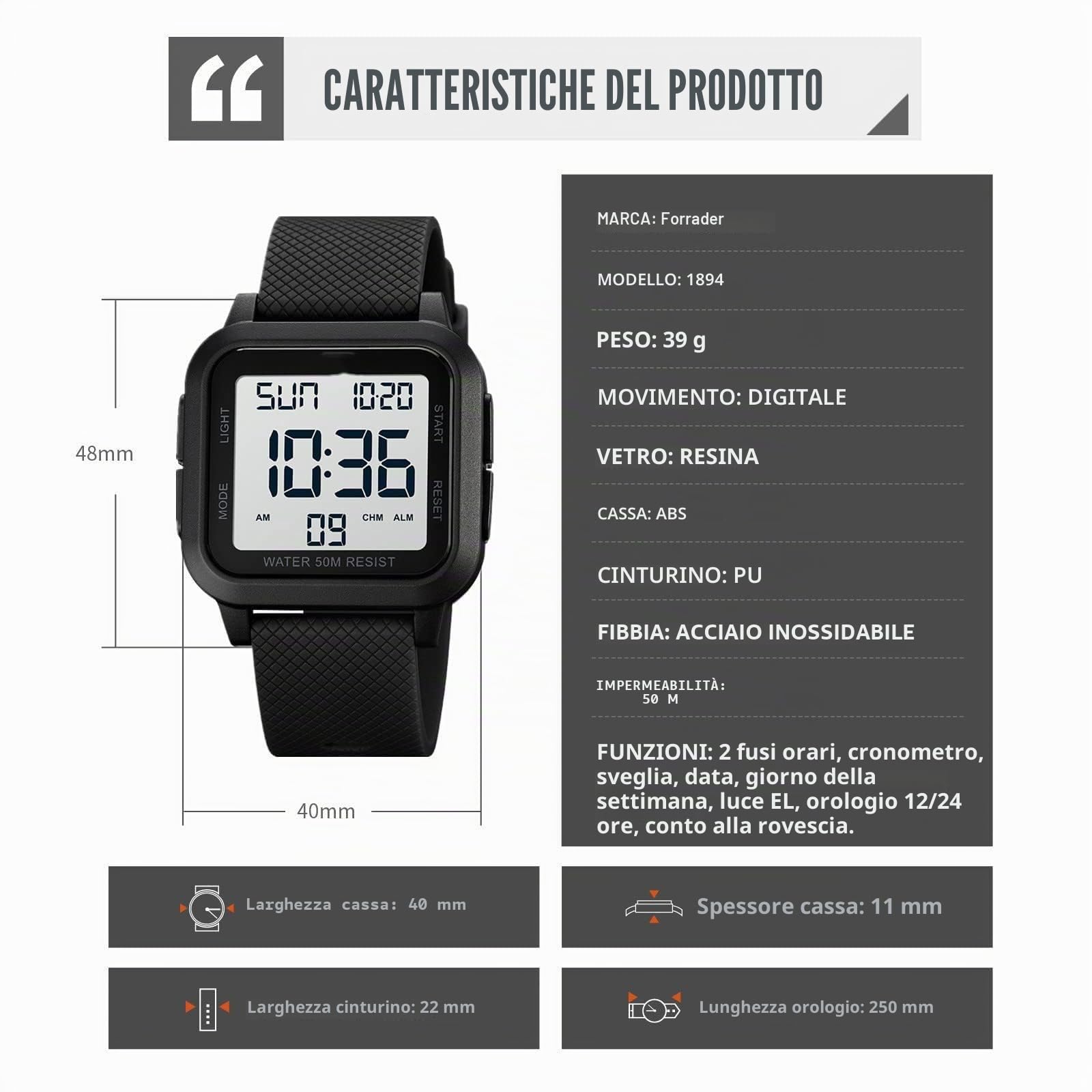 Forrader, Orologio digitale da uomo, sportivo, impermeabile, con retroilluminazione a LED, sveglia, conto alla rovescia, doppio fuso orario, cronometro, 12/24 ore, per uomini, donne, adolescenti