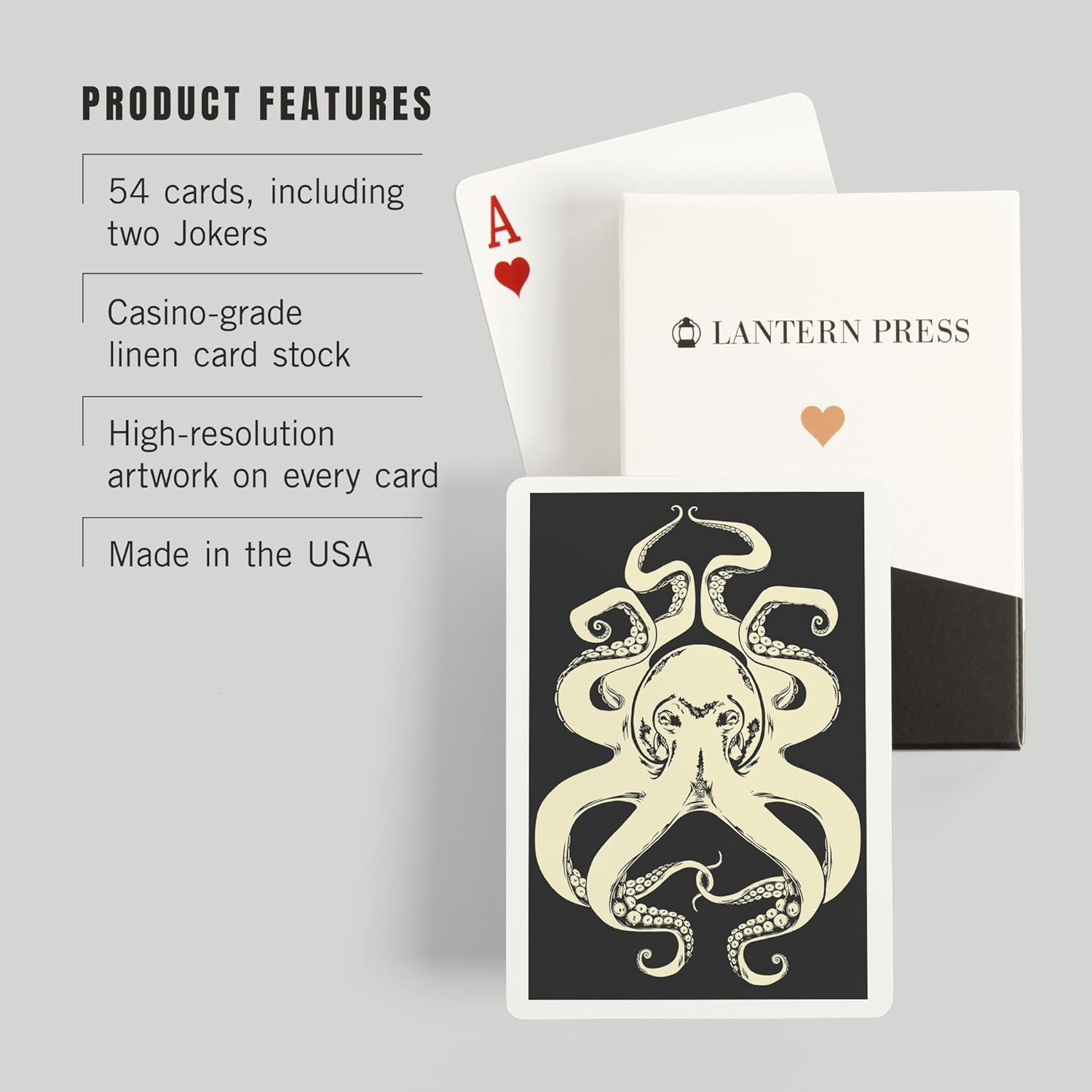 Lantern Press Black and White Octopus, 52 Playing Cards for Adults, Poker Size Card Deck