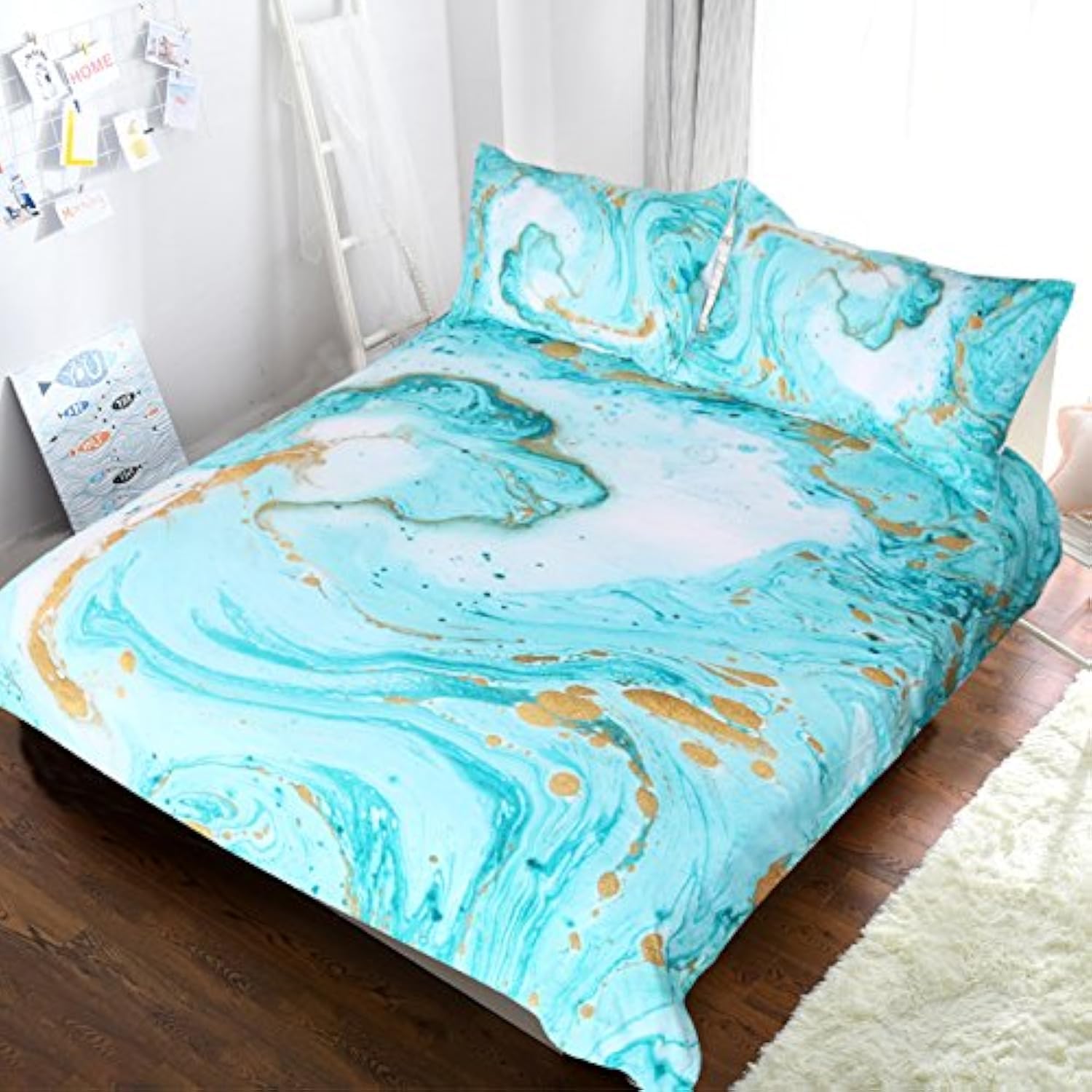 Blessliving 5 Chic Girly Marble Duvet Cover Mint Gold Glitter Turquoise Bedding Comforter Set Abstract Aqua Teel Blue Duvet Cover(Double)