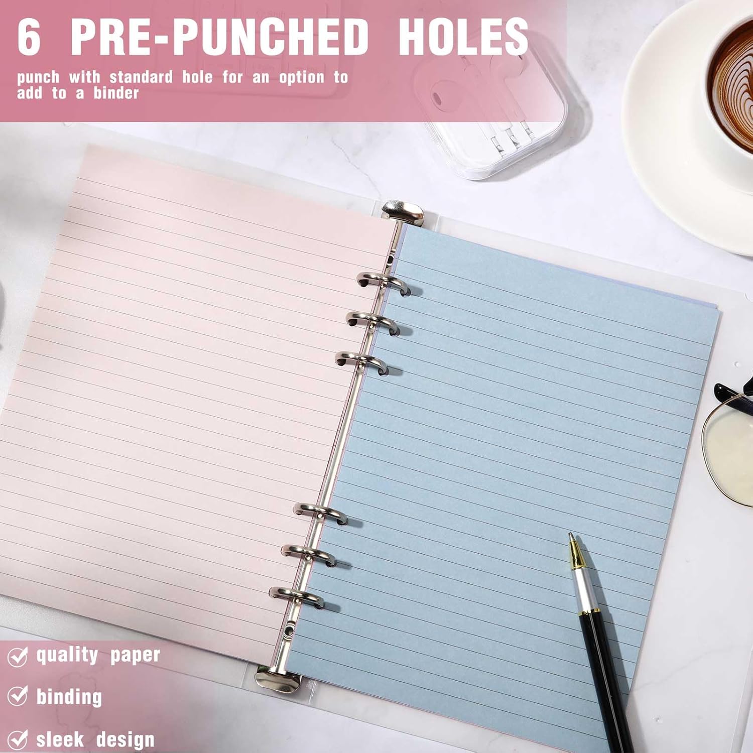 PerKoop 12 Pack Lined Refill Paper A5 Colored 6 Ring Binder Planner Inserts 6 Hole Notebook Refills Paper 8.2 x 5.8 Inch Loose Leaf (Soft Colors)