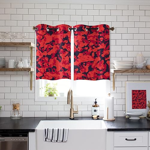 Curtains Panels for Kitchen Orange Red Modern Abstract Geometric Lines Window Curtains Light Filtering Grommet Top Drapes for Bedroom Closet-Set of