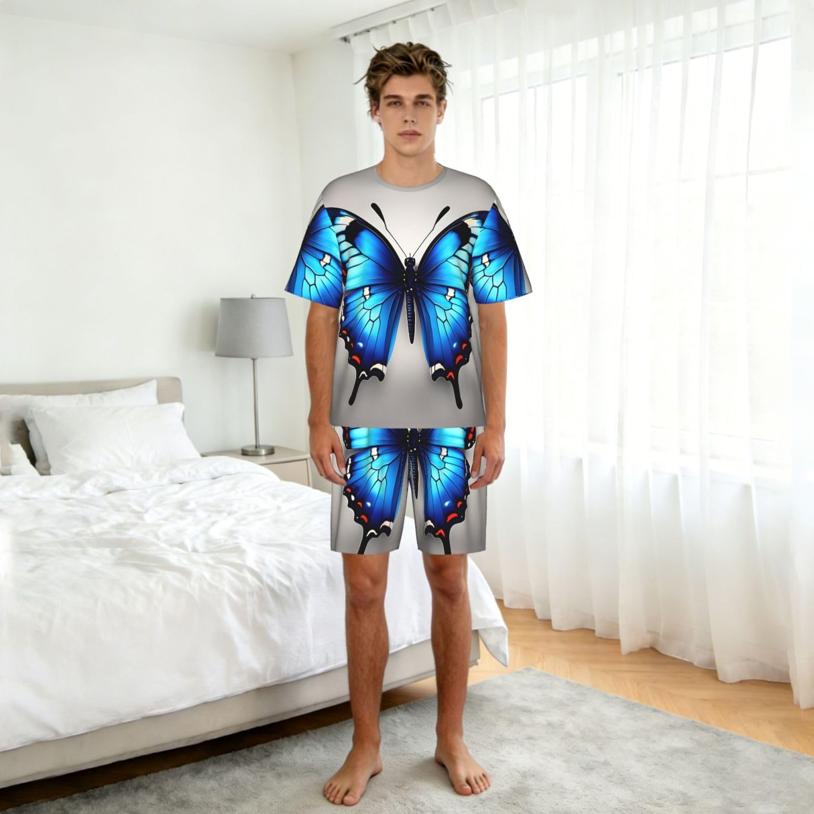 Conjunto de pijama clásico con estampado de mariposa azul para hombre, pantalones cortos de pijama suaves para hombre, perfecto para las noches de verano