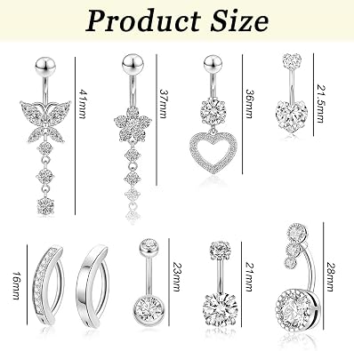 9Pcs 14G Belly Button Bar, Belly Button Ring Set, Stainless Steel Belly Bar