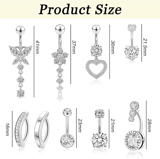 9Pcs 14G Belly Button Bar, Belly Button Ring Set, Stainless Steel Belly Bar