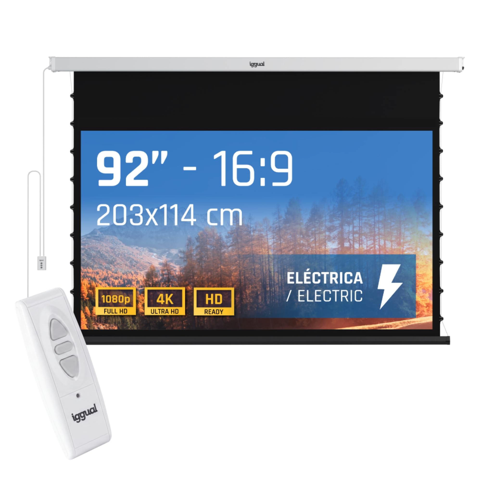 iggual Pantalla Proyección 92" Pulgadas Eléctrica Enrollable Tensionada -Panorámica 16:9 -Control de Pared y Mando Remoto Infrarrojo -Compatible hasta 8k y Cualquier Proyector(203x114 cm)