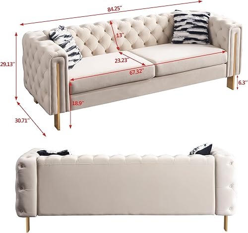 Miniatura 10 de Dolonm Sofá moderno de terciopelo para sala de estar, sofá tapizado de 84 pulgadas de largo con reposabrazos altos y patas de metal, muebles