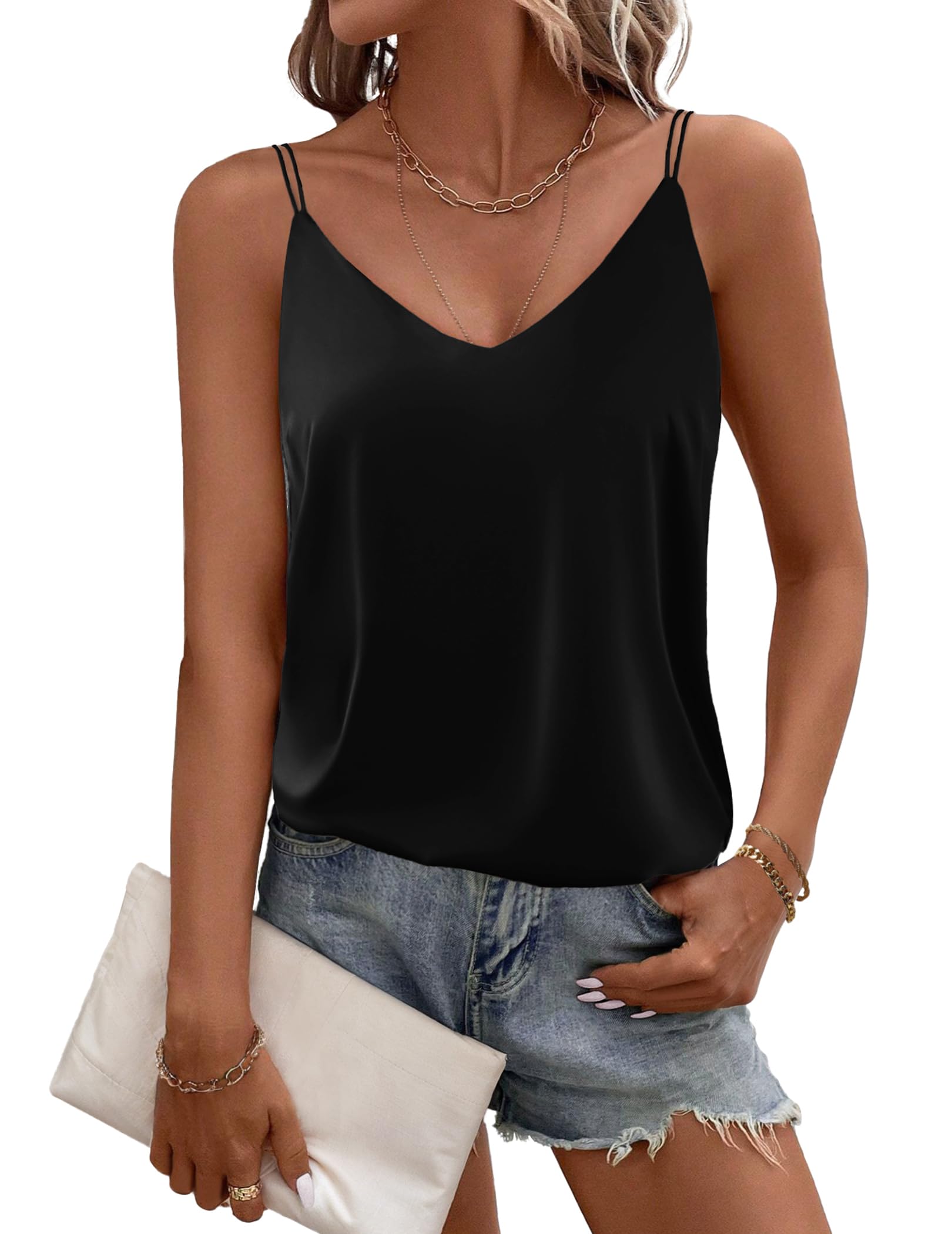 Ekouaer Top de satén para mujer, elegante, espagueti, cuello en V, básico, de seda, sin mangas, S-XXL