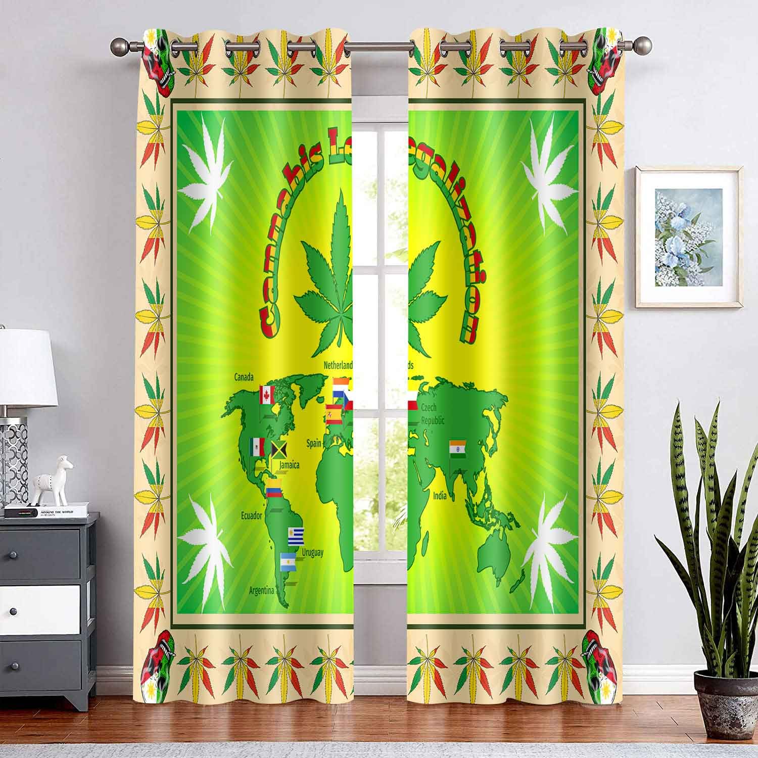 BSPPTI Cannabis Leaf Print Curtains Green Marijuana Leaf Weed Blackout Windows Drapes for Kitchen Bedroom Living Room, Set of 2 Panels 42