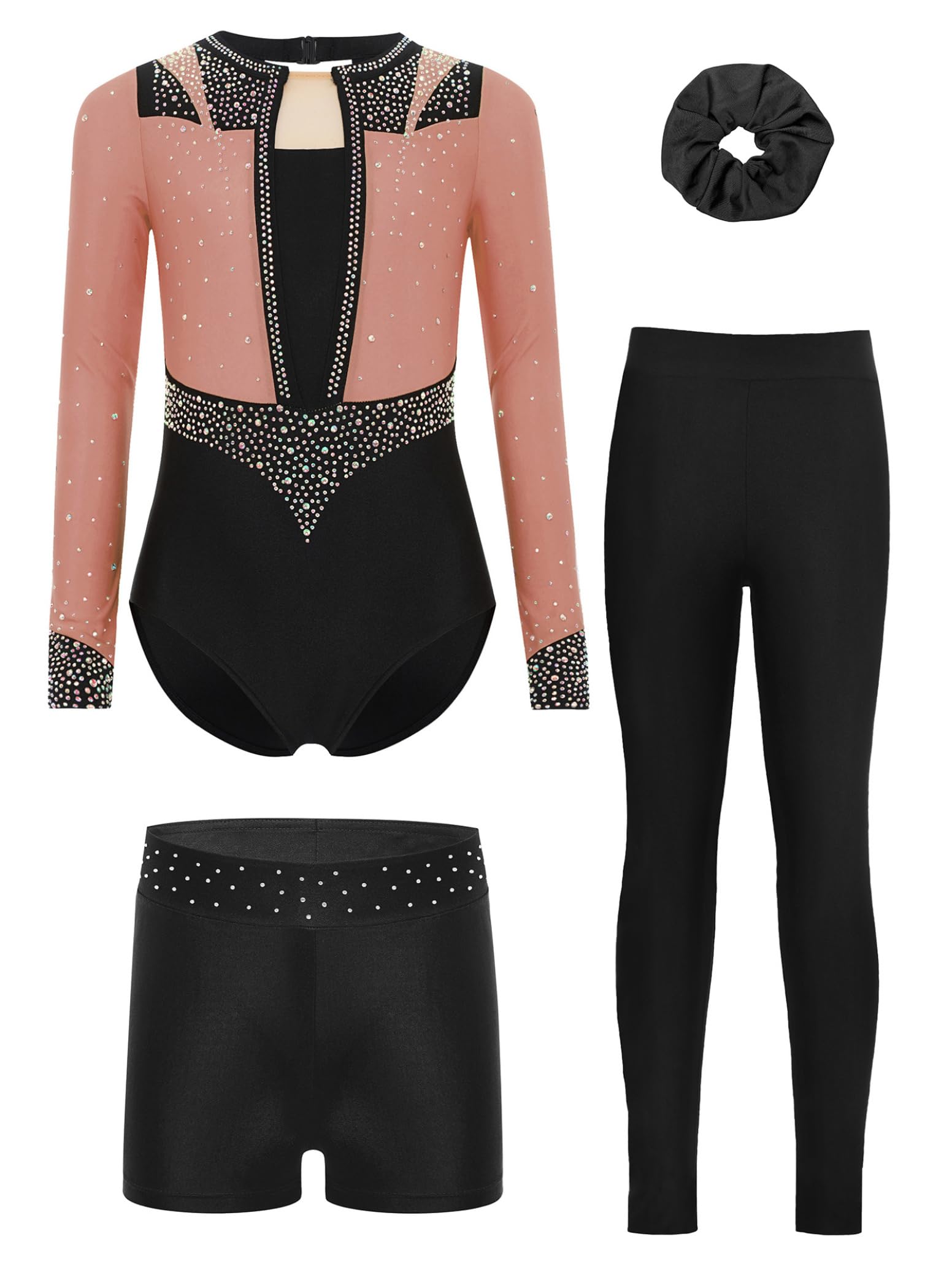 inlzdz Maillot De Baile Gimnasia para Niña Leotardo Manga Larga Y Leggings Cortos De Elásticos + Banda para El Cabello Mono Deportivo Elástico