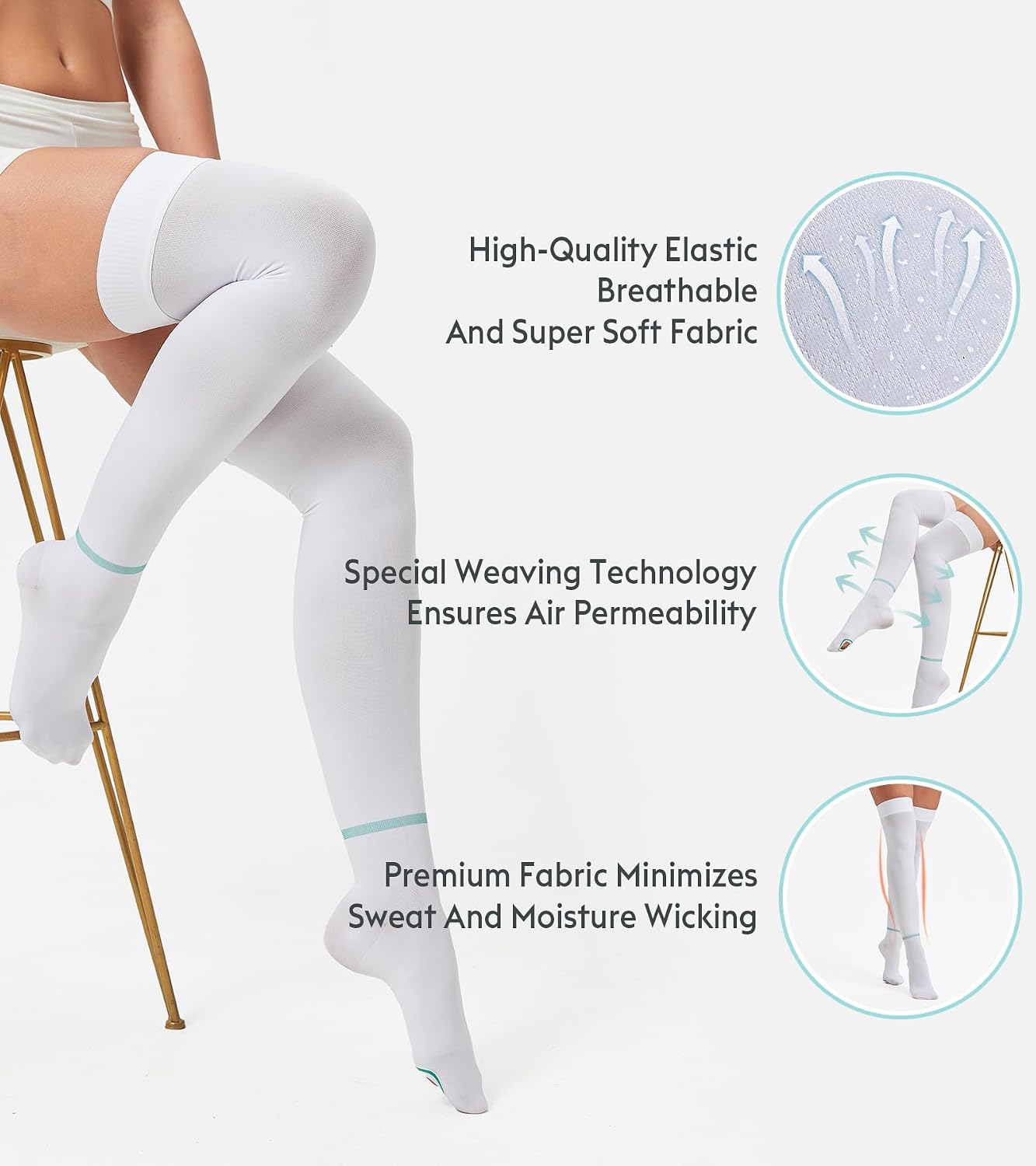 MGANG Ted Hose Thigh High Anti Embolism Compression Stockings for Women & Men, Surgical Compression Stockings, 15-20 mmHg Compression TED Hose Socks with Inspect Toe Hole, 1 Pair, White 2XL