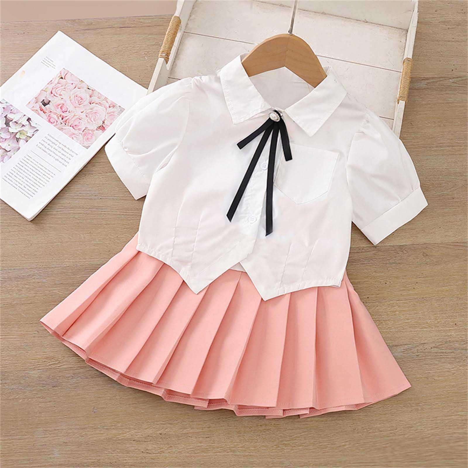 duxyoz Mädchen-Schuluniform-Rock-Set, Sommer, 2-teiliges Outfit, kurzärmelig, Button-Down-Shirts und hohe Taille, plissierte Mini-Röcke, zweiteilige Outfits, niedliche Partykleidung, Kleidungssets, 2