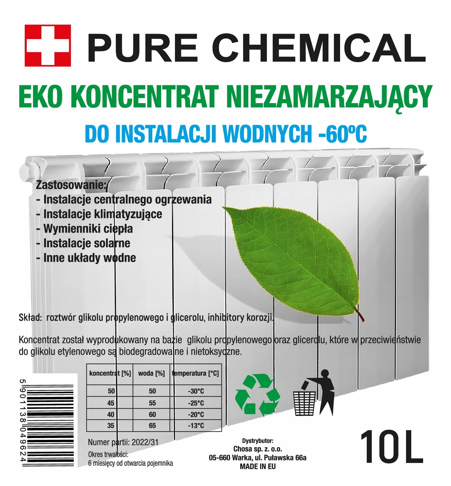 CHOSA Liquido antigelo concentrato C.O. -60°C 10L - Ecologico - Protezione dalla corrosione - Non tossico - Biodegradabile
