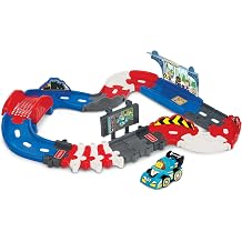 VTech Toot-Toot Drivers V Racers Pit Stop, English | Twenty-two-piece pit stop set with blue V Racer, songs, melodies and SmartPoint play; connects to other sets. Ages 1-5