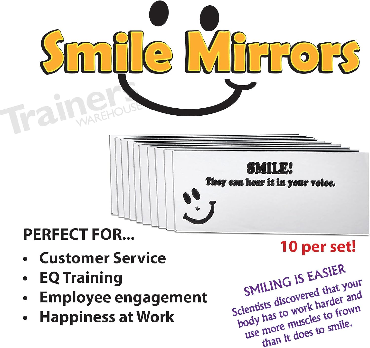 Trainers Warehouse Smile Mirrors (10/Set) | A Reminder to Communicate Positive Energy Through Voice - Handy Mirror with Adhesive for Wall or Computer | 2.5" x 6"