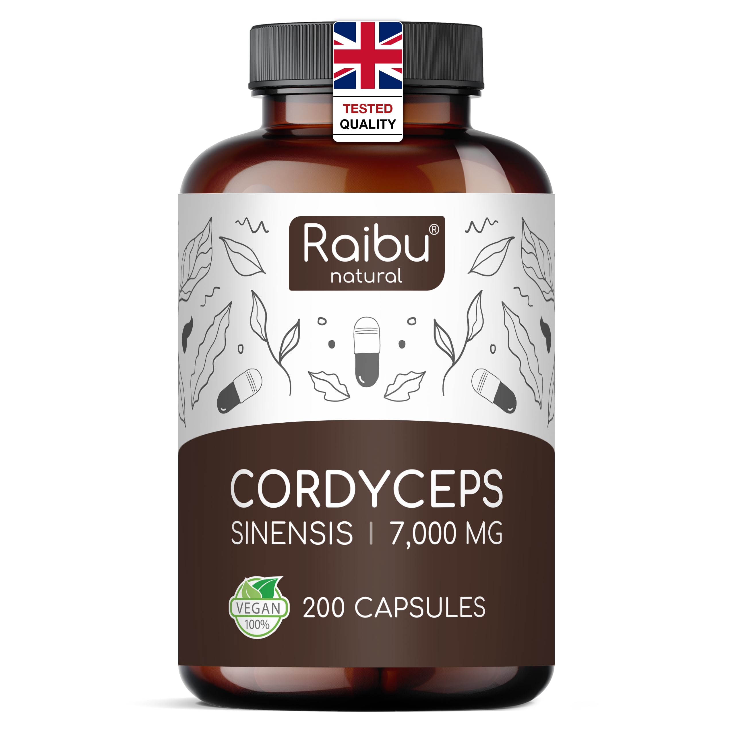 Raibu Cordyceps Capsules - 21000mg Mushroom Content per Daily Dose (10:1 Extract) - 200 Vegan Capsules - Cordyceps Supplement with Black Pepper & Vitamin C for Well-Being - No Additives & Lab Tested