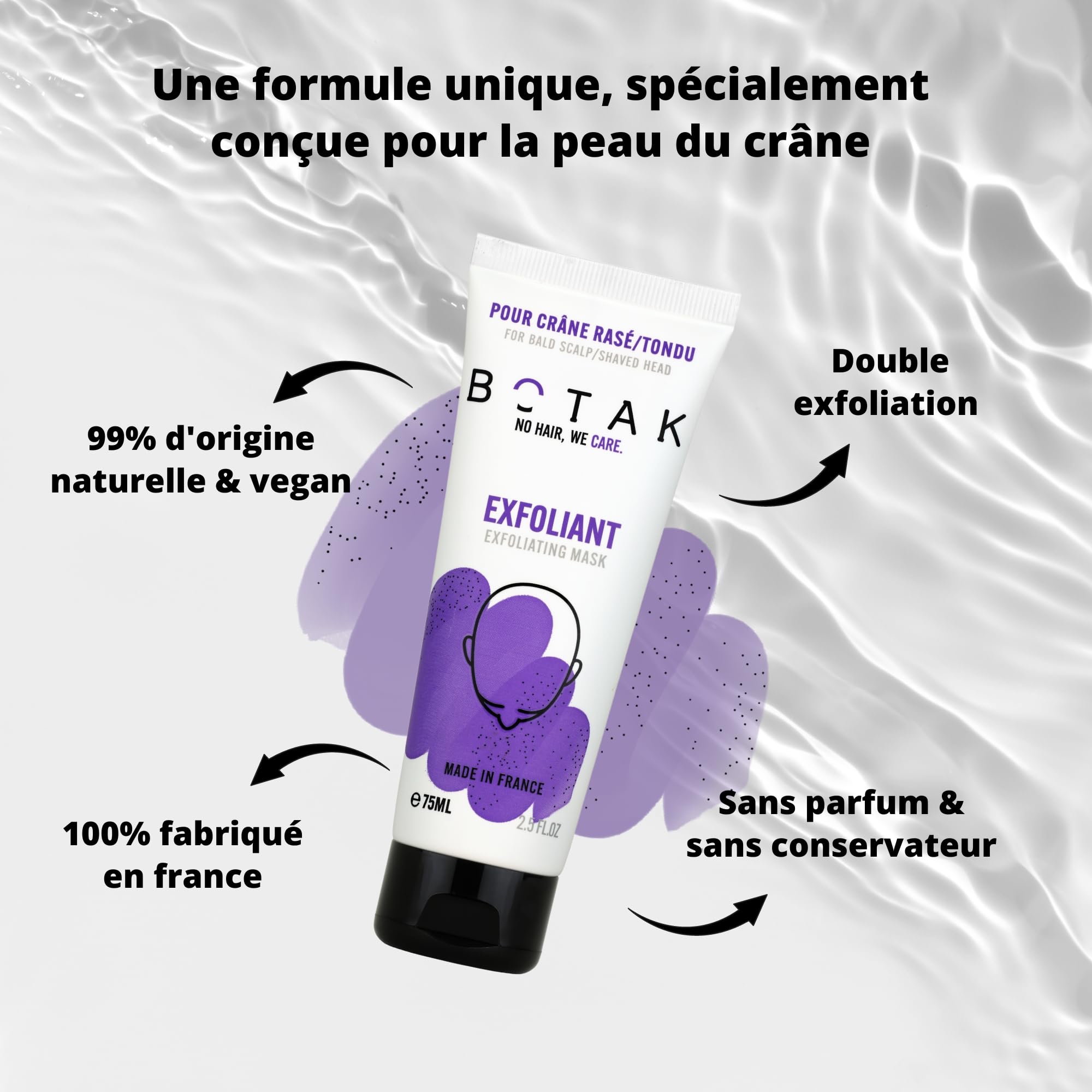 Masque Exfoliant Doux et Purifiant BOTAK Crâne Rasé et Chauve, Français | 99% d’origine naturelle, Vegan, Absorbe l’excès de sébum, limite boutons et poils incarnés, Régulateur de pH et microbiote