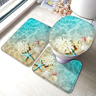 バスマット トイレマット セット 3点 タンクカバー 貝殻 海 ハレーション 水色 海星 サンゴ お風呂マット 足ふきマット トイレカバー トイレセット 浴室 おしゃれ 吸水性優れ 滑り止め 快適