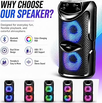 Bluetooth Subwoofer Speaker - Rechargeable Party Speaker with TWS & Dual Bass Drivers. Features USB/SD Card Support and FM Radio. Delivers Powerful Bass, Ideal for Outdoor Karaoke