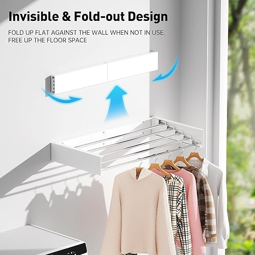 Miniatura 5 de Estante de secado de ropa montado en la pared, estante de lavandería extensible, estante de secado de ropa plegable en interiores, capacidad de 60
