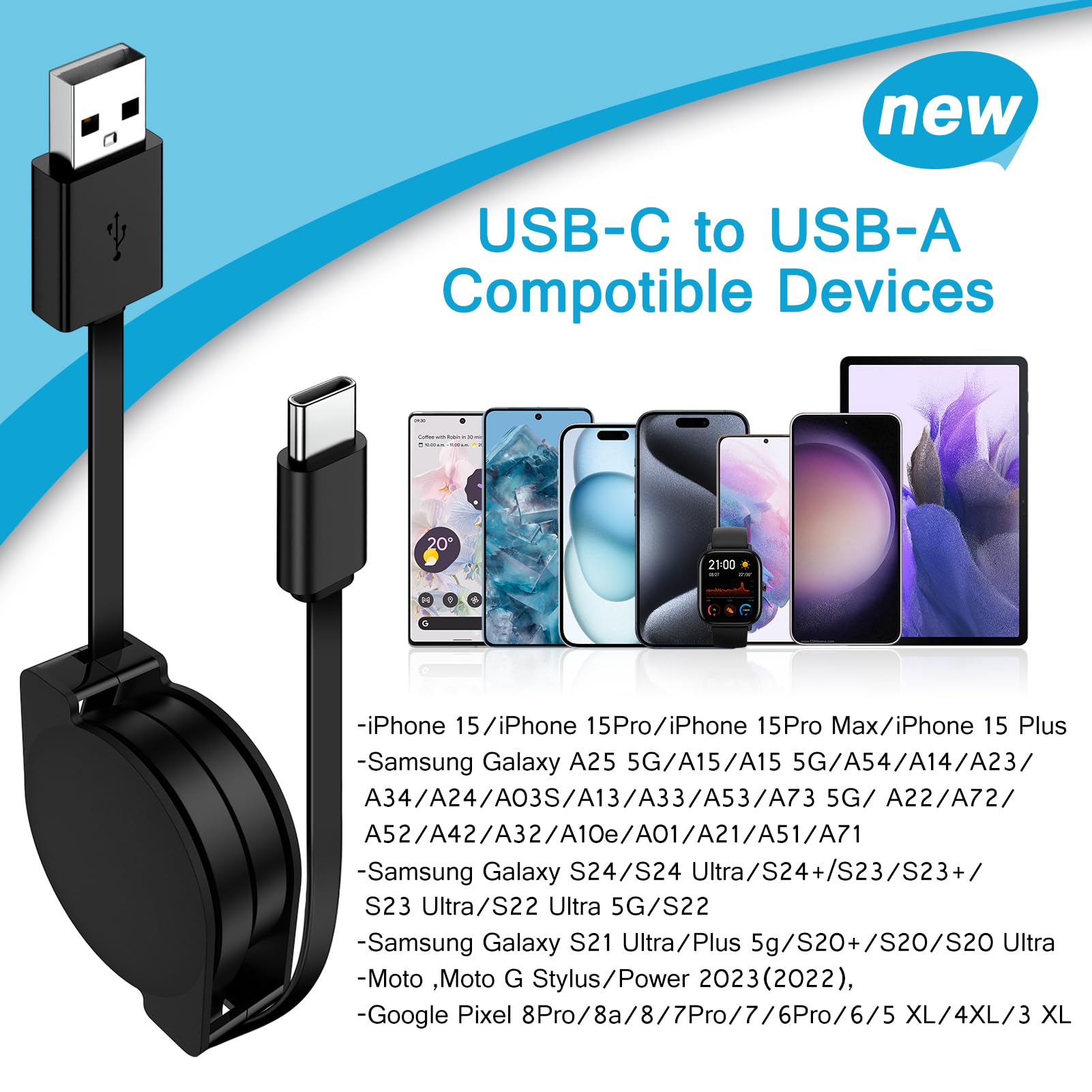 Cable USB C retráctil para coche, 3.3 pies, paquete de 3 unidades de teléfono Android USB C a USB A, cable de carga rápida para Samsung Galaxy S24/S24 Ultra/S23/S25/S25+, cable retráctil tipo C para
