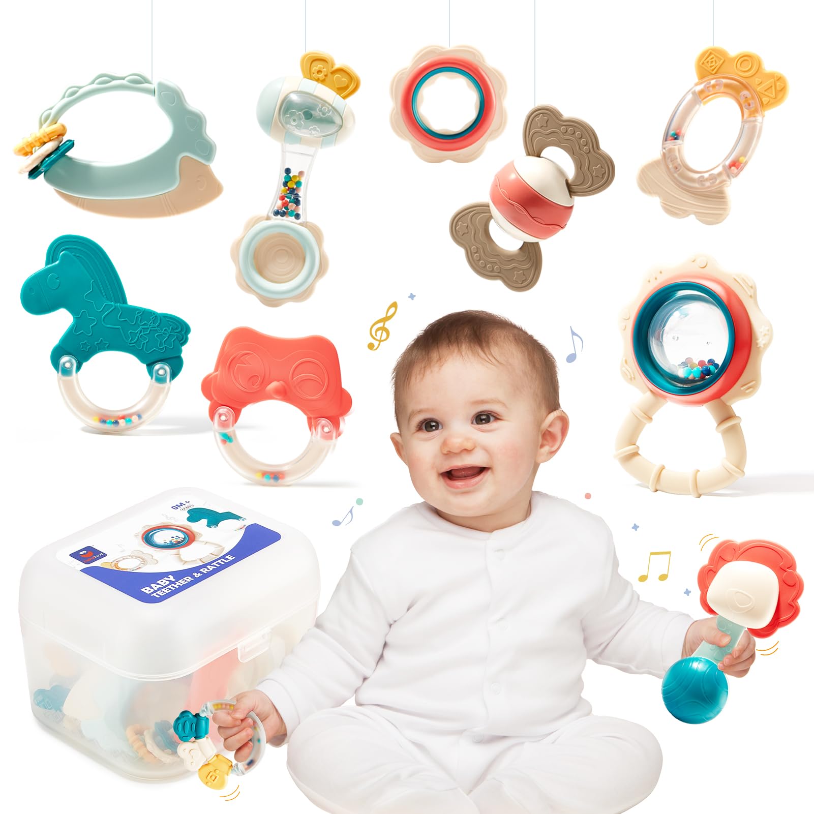 hahaland Sonajeros y Mordedor Juguetes Bebes 0 3 6 12 meses, Sensorial Juguetes para la Dentición 10 Piezas, Regalos Originales con Caja de Almacenaje para Bebes 0+ meses
