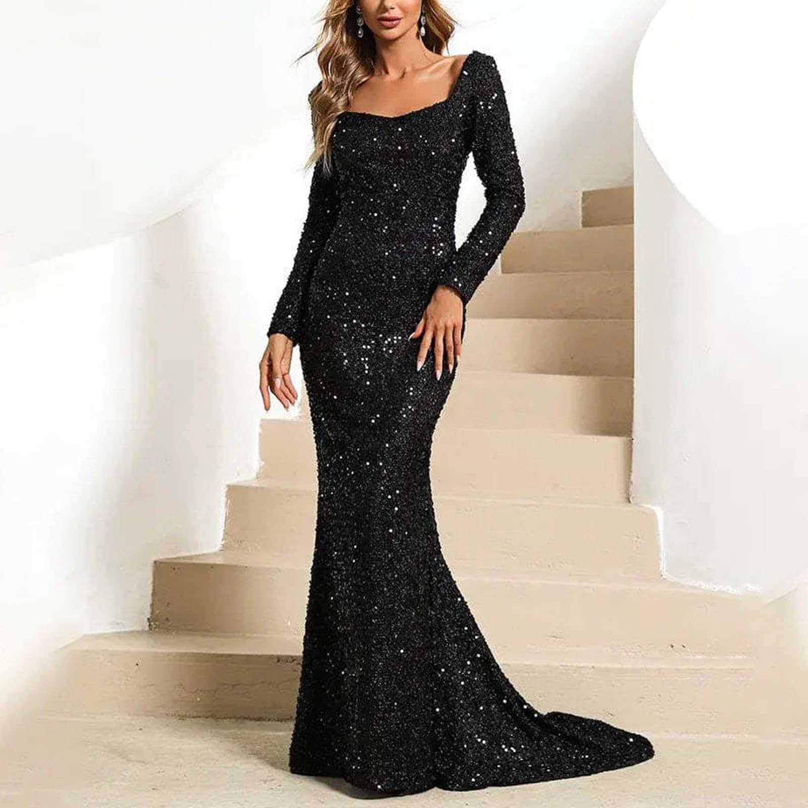 Vestido de Noche Elegante para Mujer con Detalles de Lentejuelas y Mangas Acampanadas para Eventos Formales y Bodas