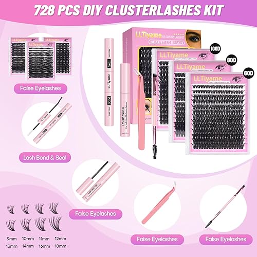 728Pcs Fluffy Lashes Cluster Kit Extensions Eyelash Kit with Bond&Seal 60D+80D+100D Thick Volume Eyelash Clusters Kit D Curl Volume False Eyelashes DIY Individual Wispy Fake Eye Lashes Combo