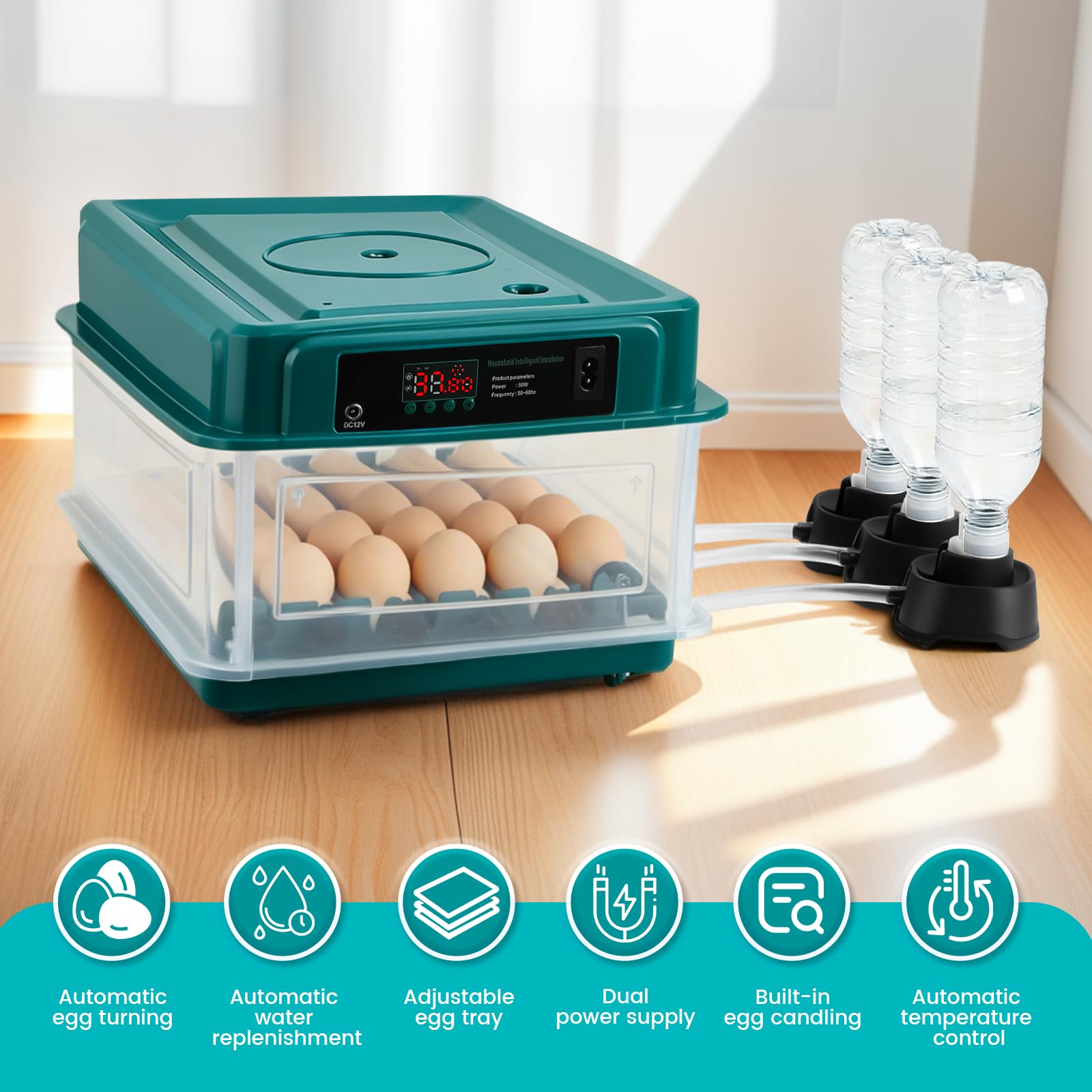 Incubatrice Automatica 24-30 Uova, girauova e Lampada LED. Girauova Ogni 2h, Temperatura Uniforme, 3 Zone d'Acqua, No rabbocco, LED per Controllo Uova, Galline, Anatre, quaglie, oche | Controllo della temperatura e dell'umidità, approvvigionamento automat