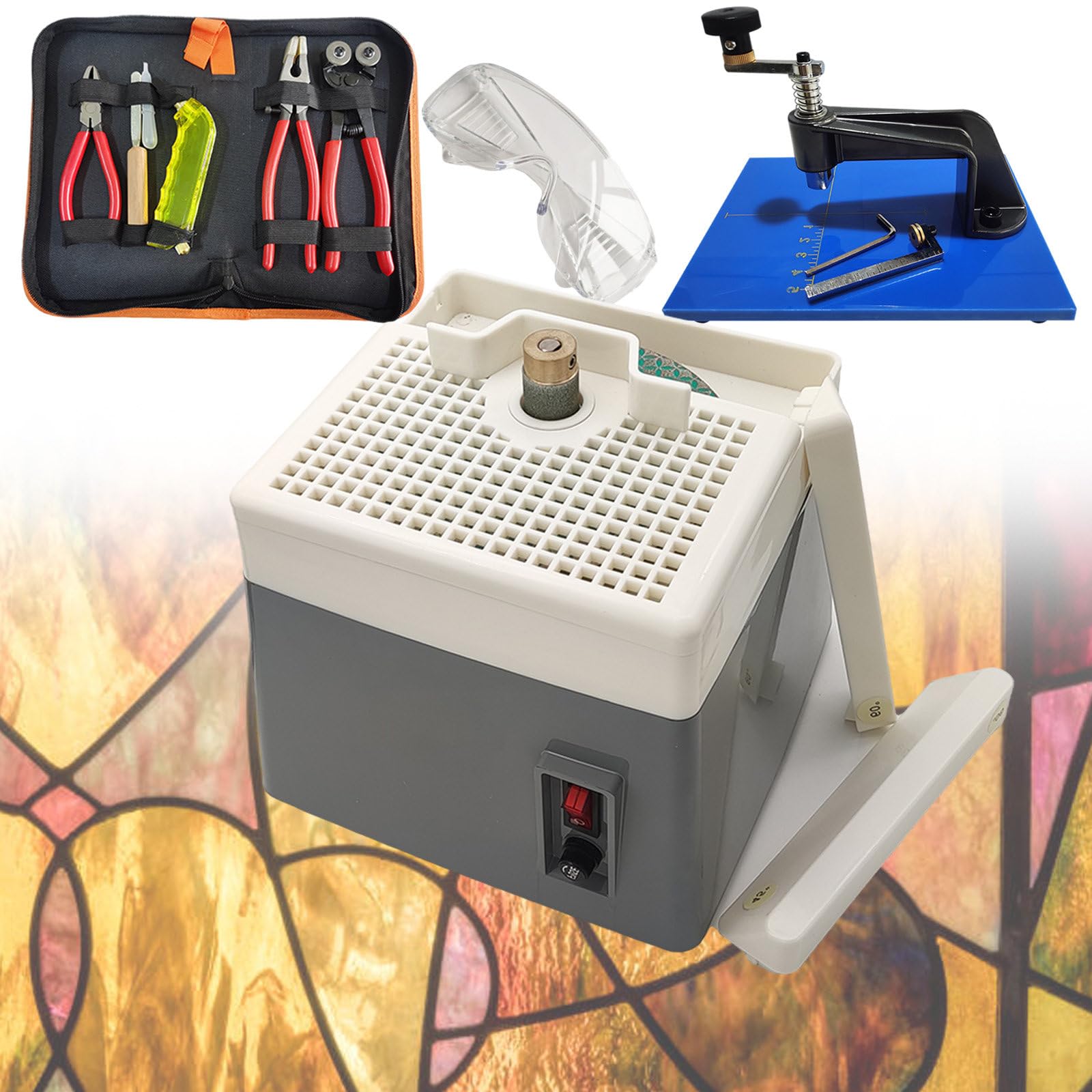 vnmudzeo 65 W Diamond Glass Art Grinding Tool,with Glass Tool Set,Hole Cutter,Safety Glasses,Upgraded Stained Glass Grinder 2800 R/min