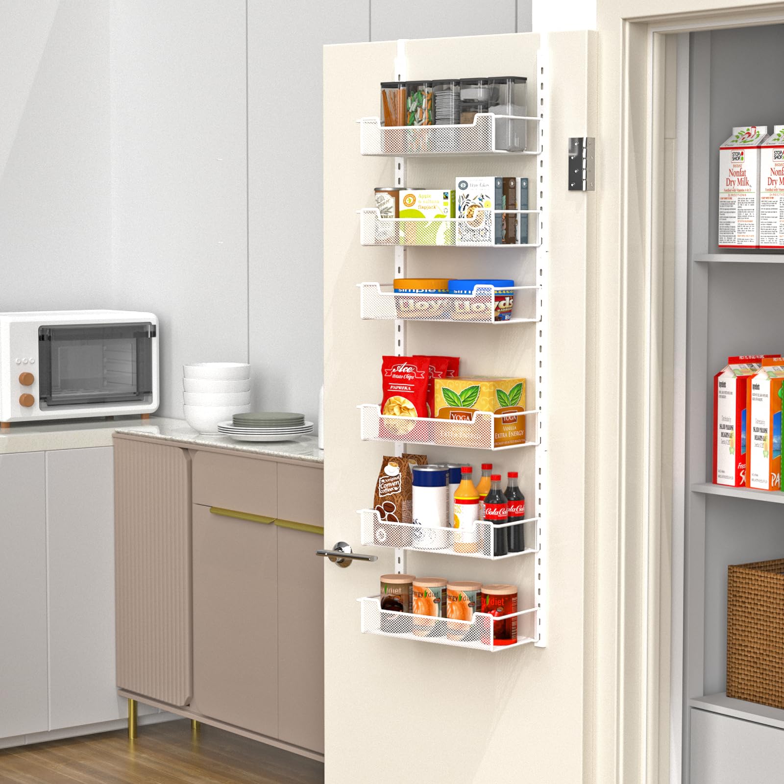 VyGrow 31,2 cm breit, schmaler Organizer über der Tür, 6-stöckig, Organizer mit verstellbarem Korb, Speisekammertür, Organisation für Speisekammer, Küche, Abstellraum, Gewürzregal, Weiß