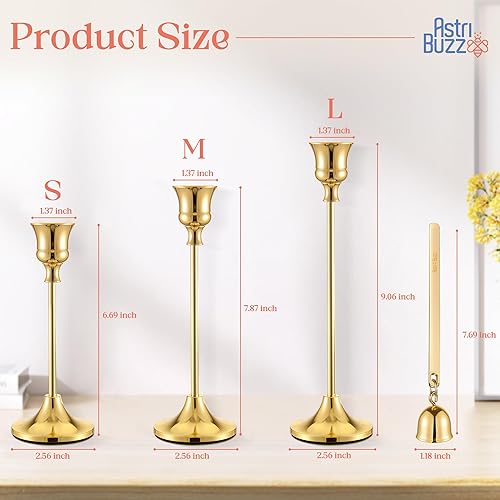 Miniatura 3 de Juego de 3 portavelas, incluye un soplador de velas, portavelas dorado, candelabros dorados, portavelas cónicos