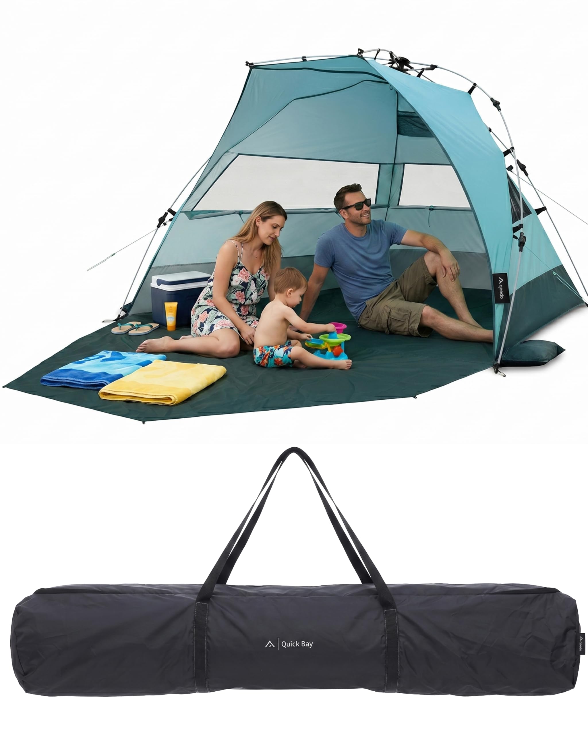 qeedo Quick Bay Pro Große Strandmuschel UV-Schutz UV80 3 Personen inkl. Sandheringe Roll-in-Bag