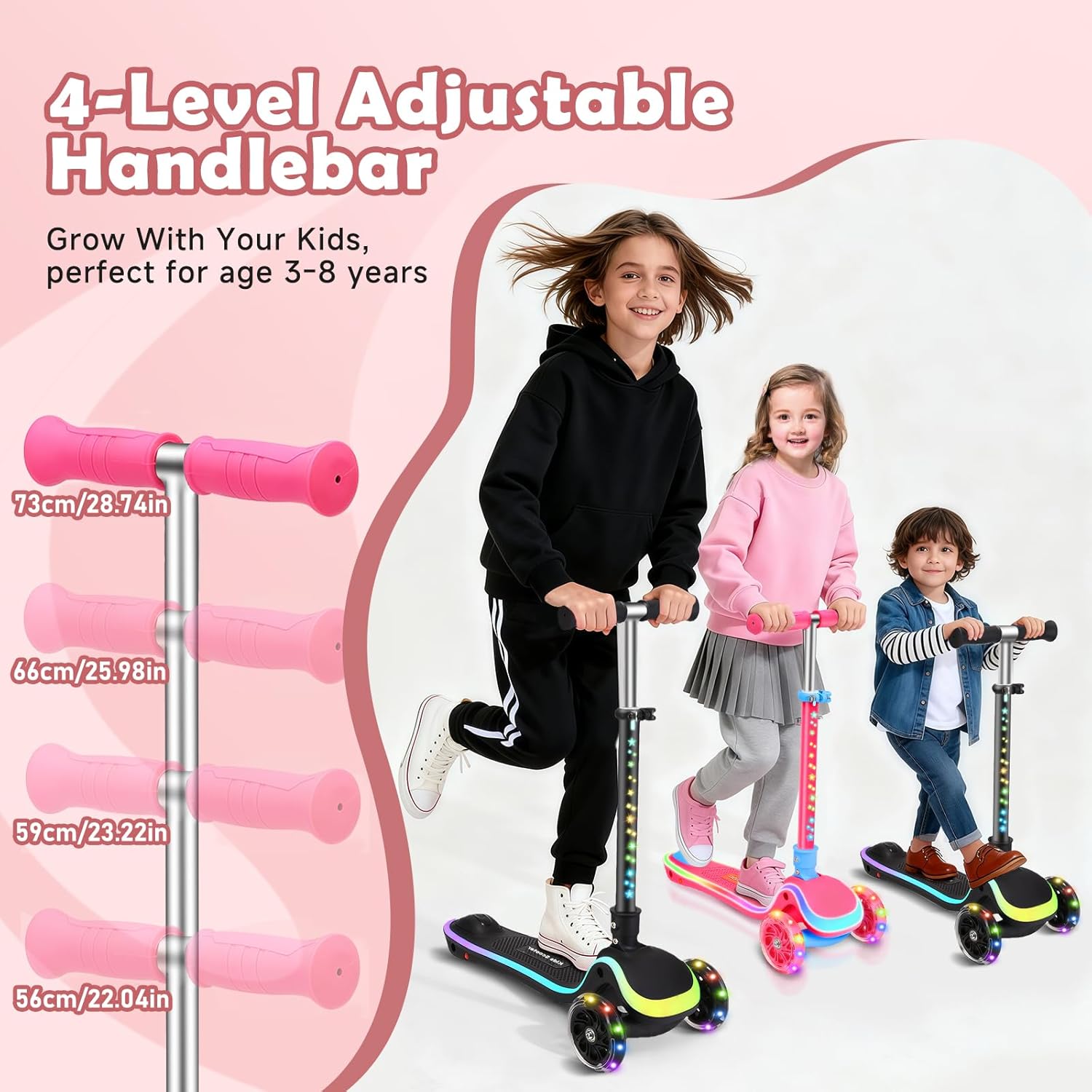 Kids Scooter with Seat, 2 in 1 Kick Toddler Scooter with LED Light-Up Wheels and Light up Deck, 4 Adjustable Heights, Lean to Steer, 3 Wheels Scooter Suitable for Boys & Girls Ages 2-8 Years