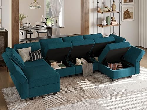 Miniatura 3 de Belffin Sofá modular en forma de U, sofá otomano de almacenamiento reversible, sofás de gran tamaño con diván azul pavo real