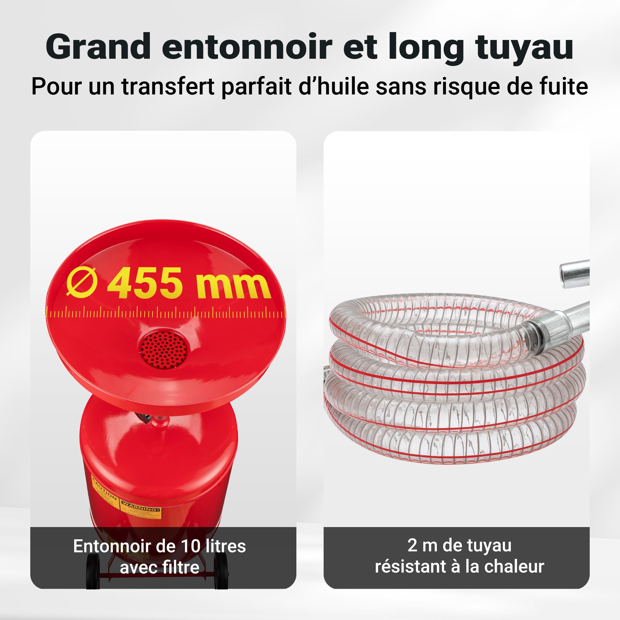 Wiltec Appareil Récupérateur d’huile Pneumatique Rouge Réservoir 68 L Hauteur réglable 98-157cm 4 Roues Vidange Huile usagée Chariot Récupération Huiles Nettoyage Accessoires Atelier Garage Automobile