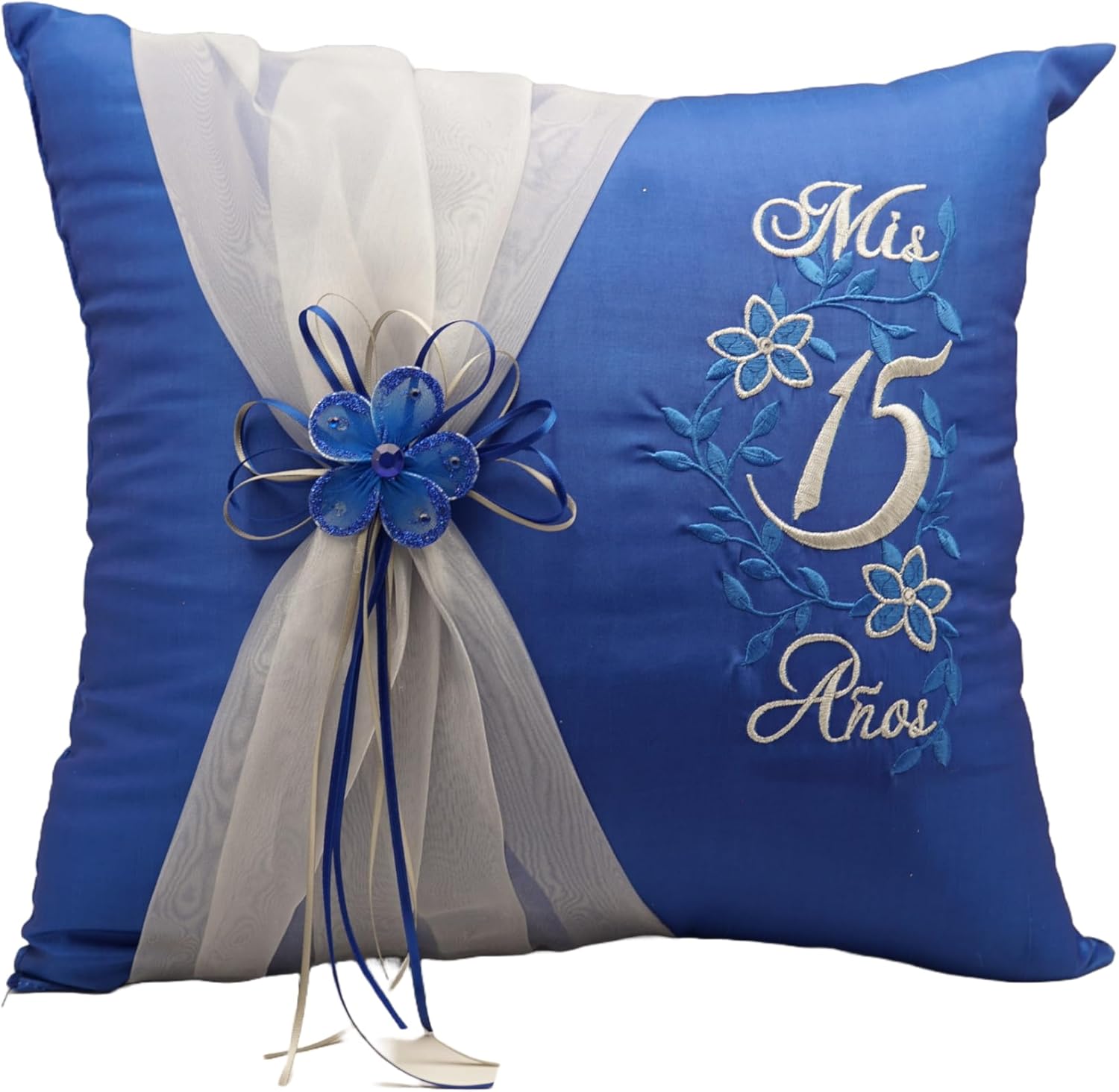 Lassos Boutique 5 Piece Quinceanera Set Mis Quince Set with Kneeling Pillow, Tiara Pillow, Guestbook, Photo Album, Spanish Bible, My Sweet 15 Decorations (Royal Blue/Silver with English Bible)