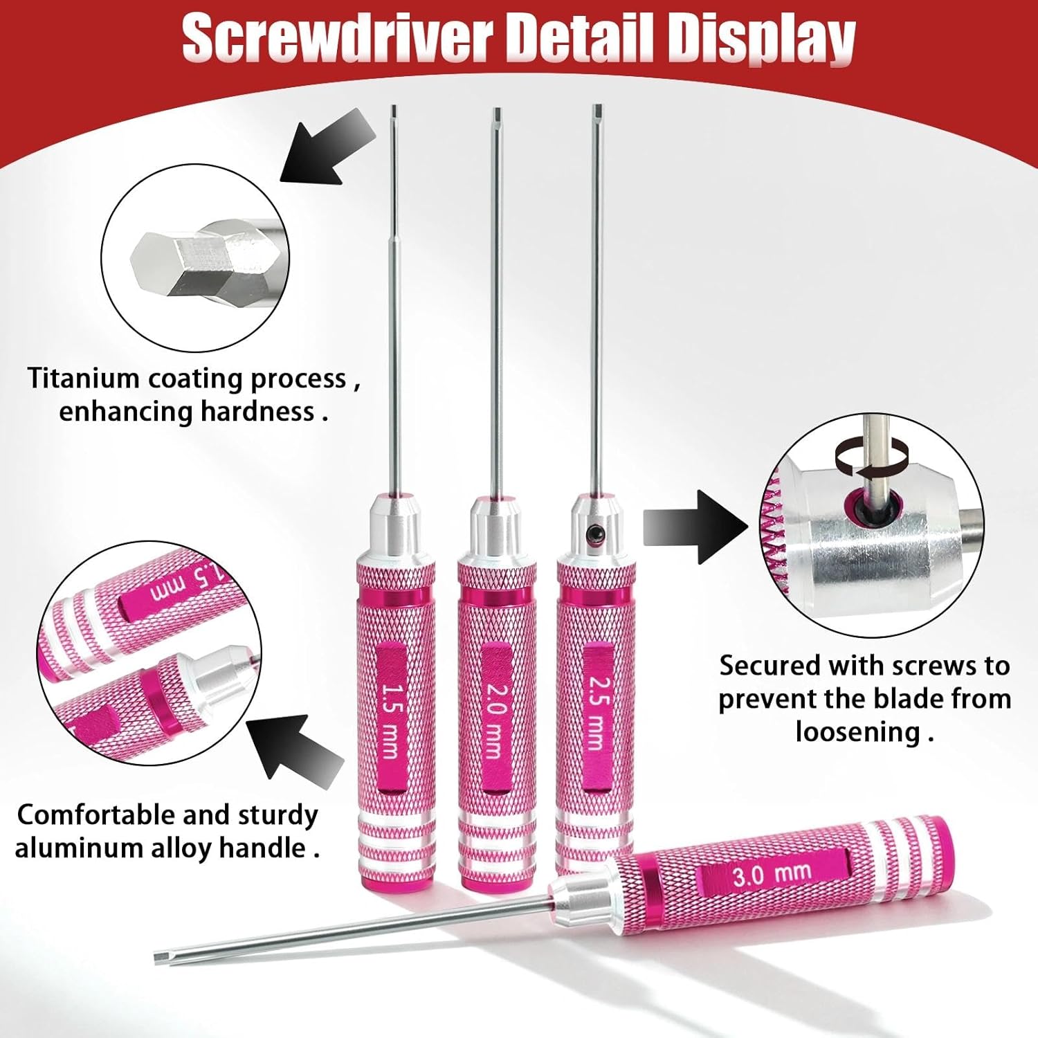 4pcs 1.5 2.0 2.5 3.0mm Hex Key Driver Set Hex Allen Screwdriver Kit, Aluminum Allen Wrench Set Screw Driver RC Tool Kit For Rc Car Drone Multi-Axis FPV Racing Helicopter Models Phone Electronic Pink