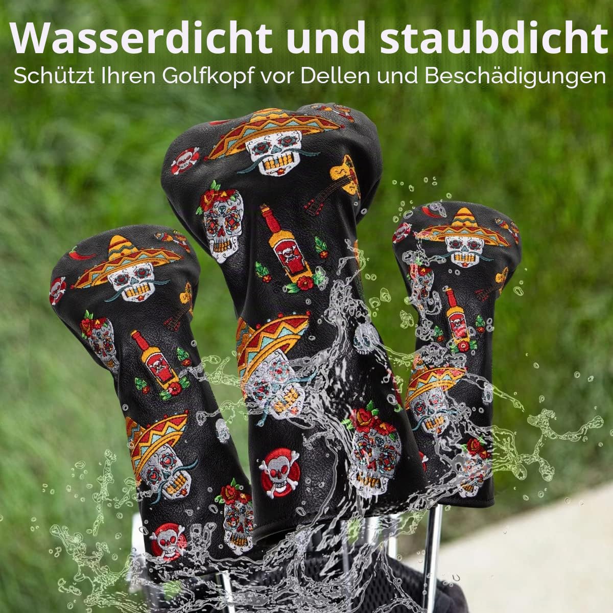 Golfschlägerhauben für Driver, Fairway-Hölzer, Hybriden und Schlägerklingen, Putter Sugar Skull Stil, Premium-Leder-Golfschlägerhauben Set mit austauschbaren Nummerntags -
