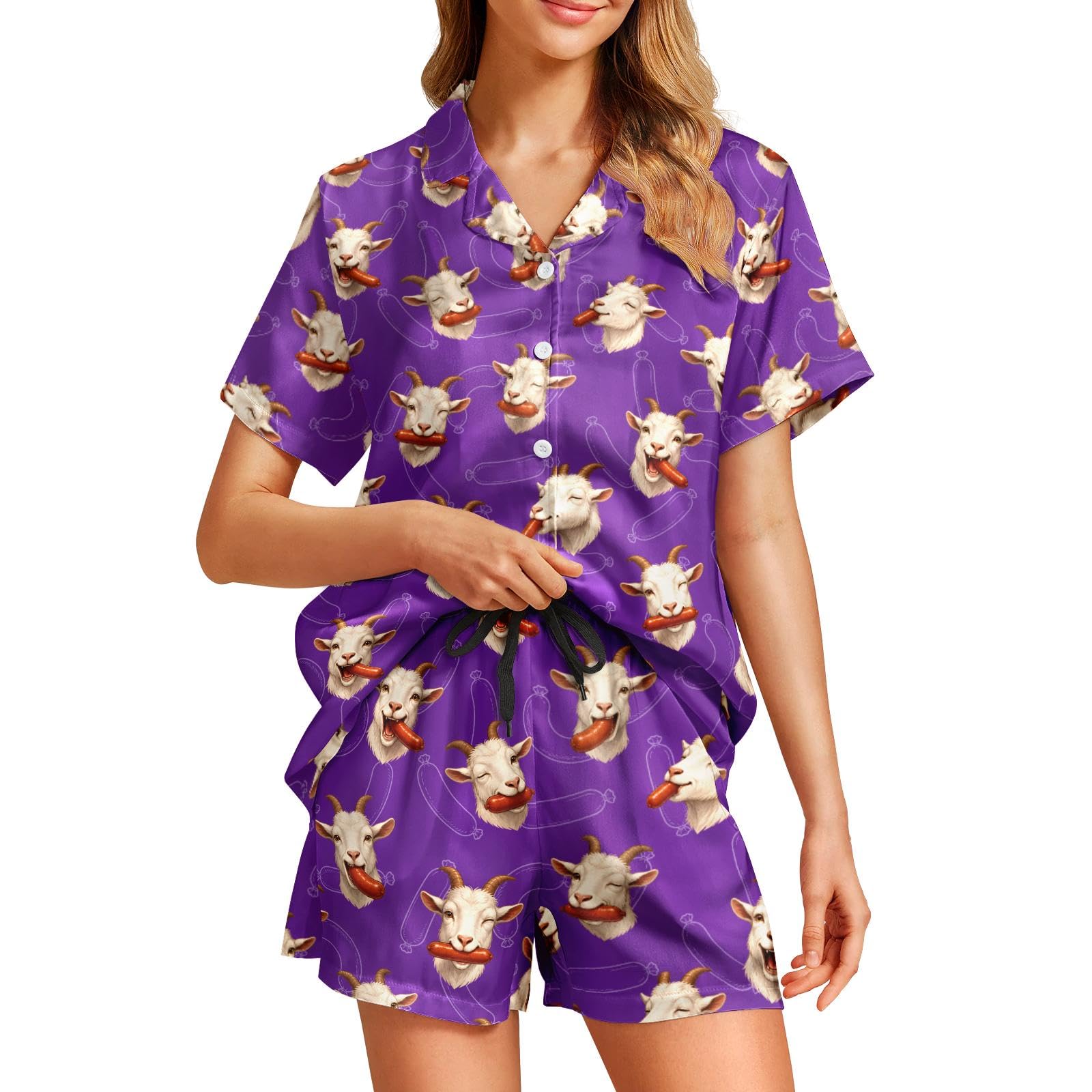 Funny Pajamas for Women Set Print Satin Loungewear Pjs Short Sleeve Button Down Top and Shorts Sets Sleepwear XS-3XL