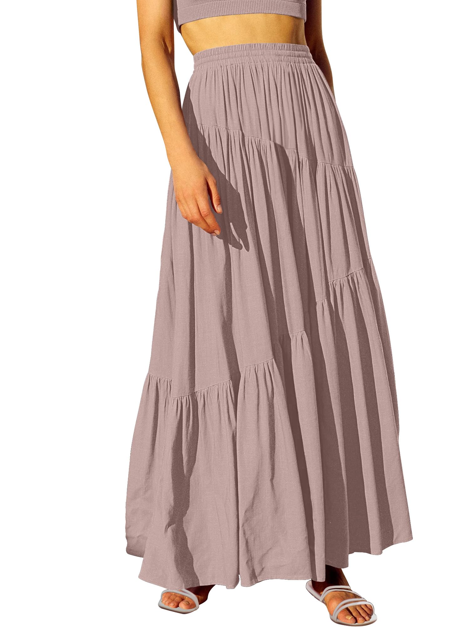 ANRABESS Women’s Boho Elastic High Waist Pleated A-Line Flowy Swing Asymmetric Tiered Maxi Long Skirt Dress with Pockets
