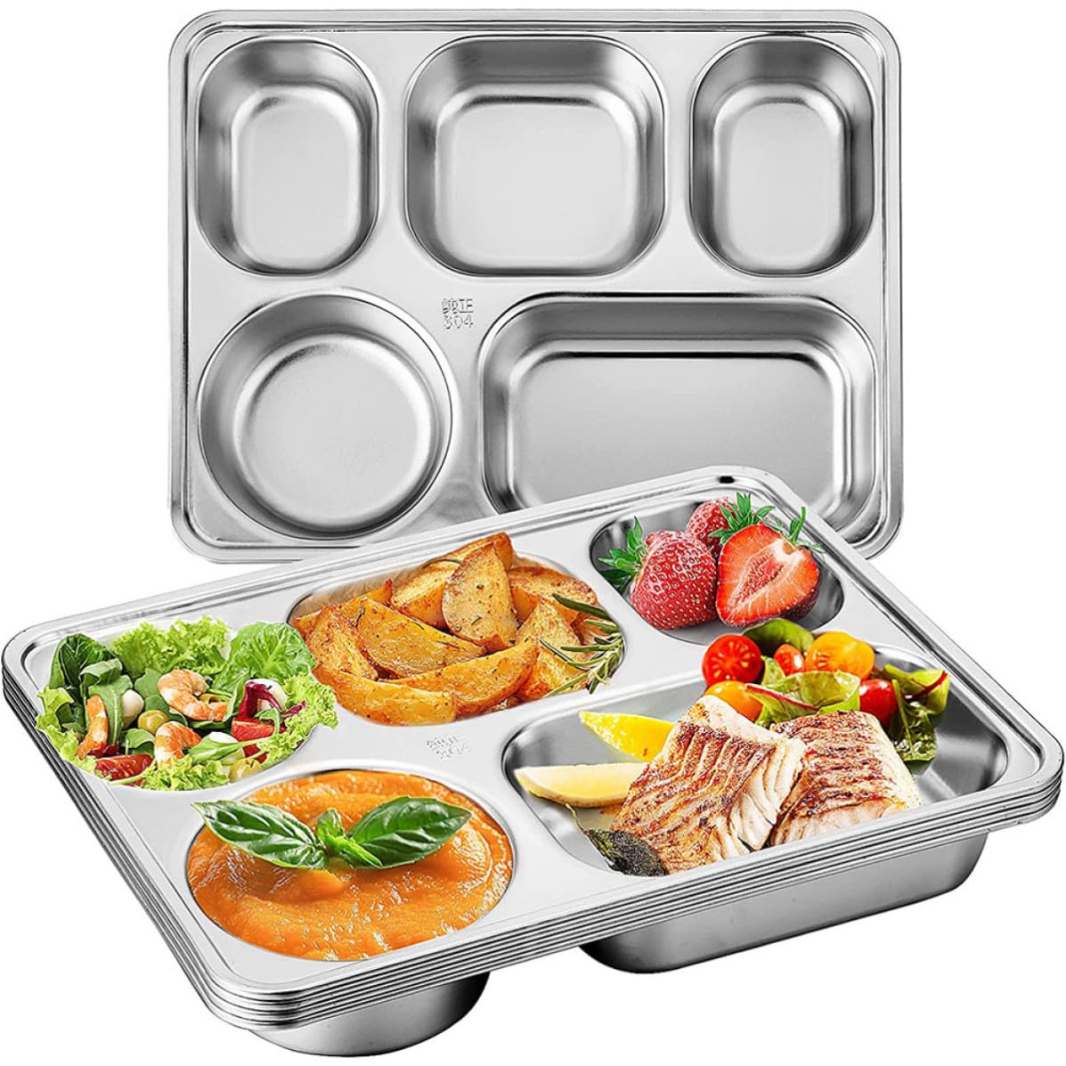 Assiette à Portion en Acier Inoxydable, Lot de 3, Rectangulaire Argenté | Plateau Repas Garçon et Filles Inox, Compartiments Séparés, Stable et Réutilisable, pour Pique-Niques et Hôtel