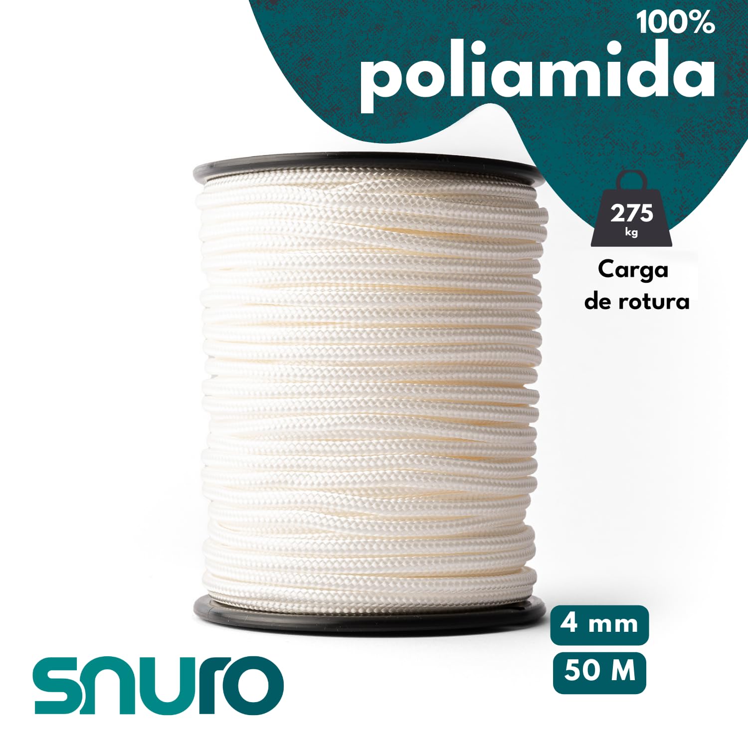 Cuerda de nailon (4 mm, 50 m, color blanco) – Cuerda de paracord con material de nailon fuerte – resistente al desgarro y ligera